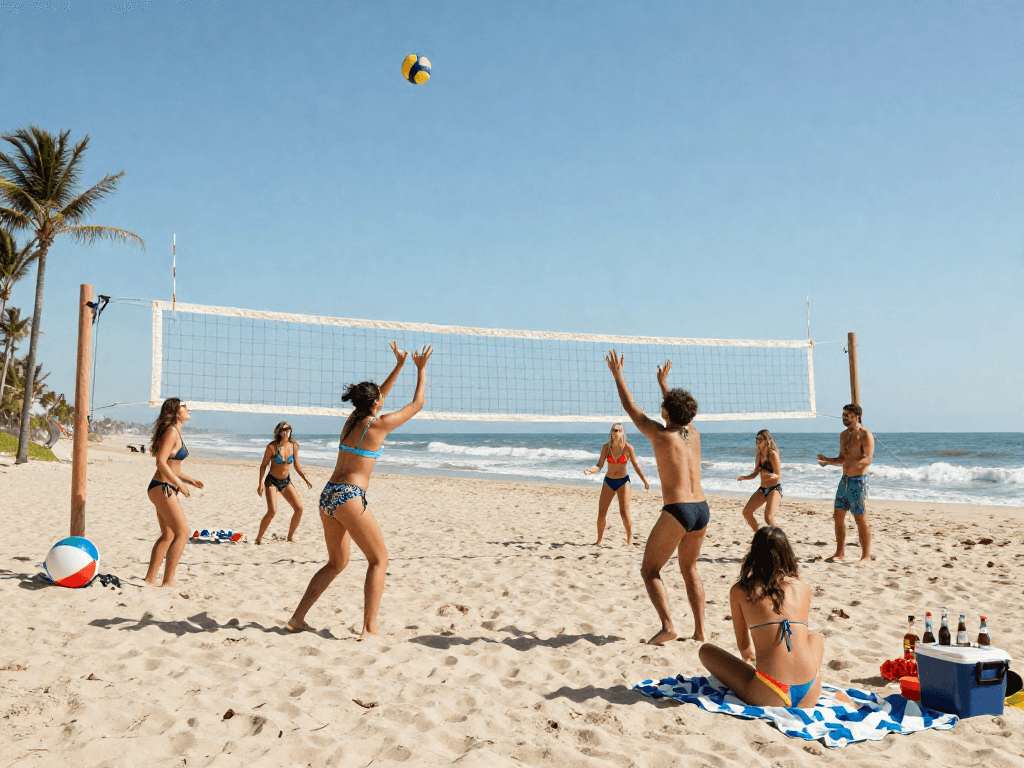 Friends enjoying a beach volleyball game in vibrant bikinis at BIKINISLOT, capturing summer fun.