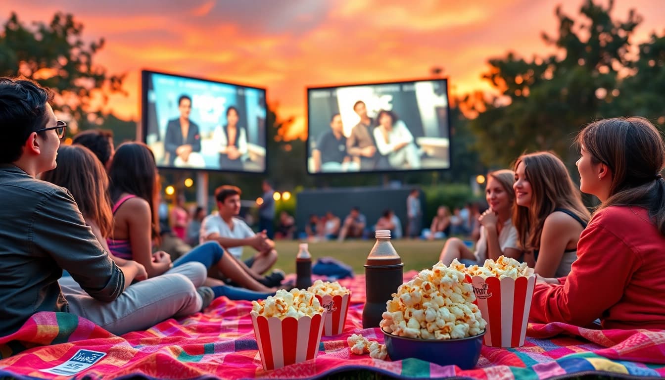 NangCuc outdoor film screening event showcasing a community enjoying classic movies with vibrant sunset lighting.