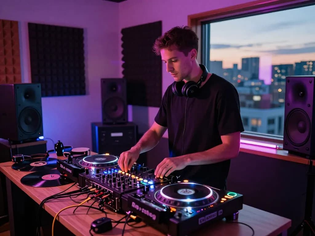 8Day DJ mixing in a vibrant studio with sound equipment and city skyline at dusk.