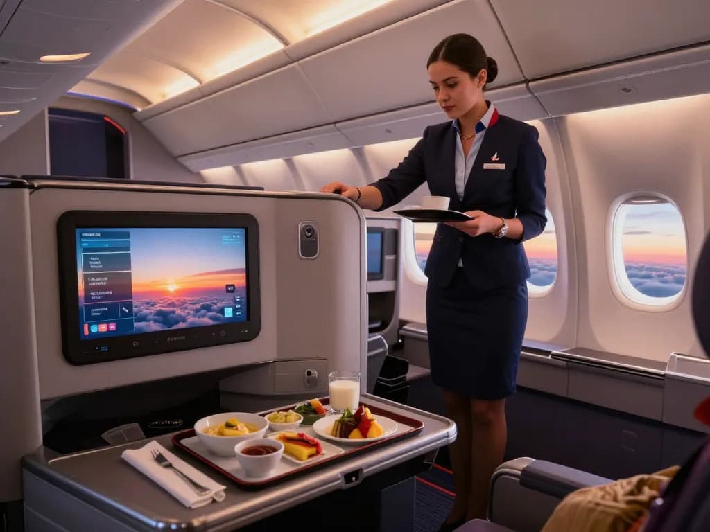 Traveler in American Airlines 789P enjoying luxury seat and meal in-flight.