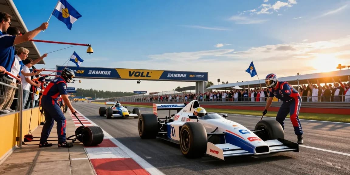 Dynamic racing scene featuring the LC88 Formula One car on track with drivers and fans, showcasing high-speed action and thrilling motorsport.