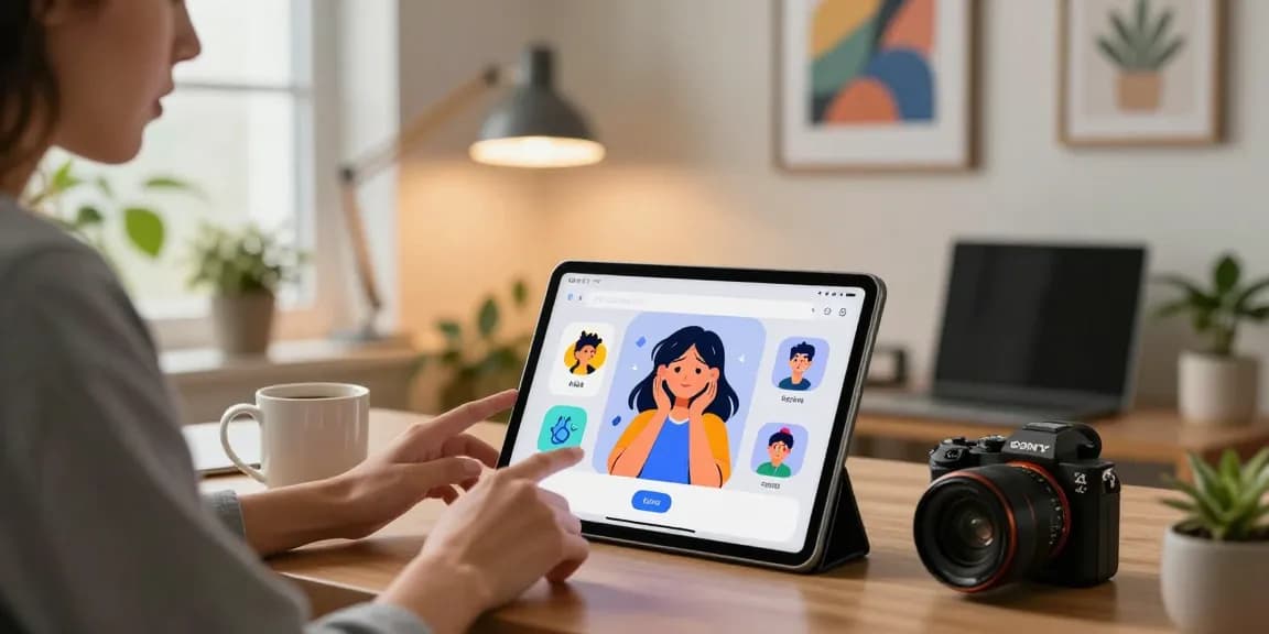 Engaging in ai sex chat with AI character on a tablet in cozy home office.
