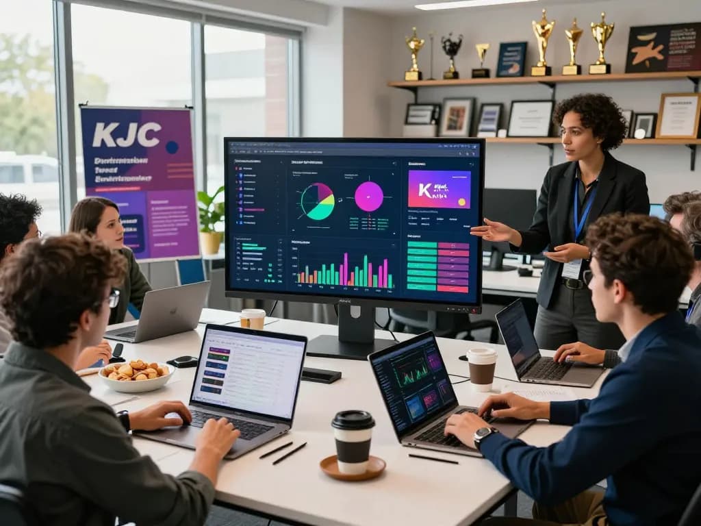 KJC team collaborating in a modern workspace focusing on entertainment analytics and strategies.