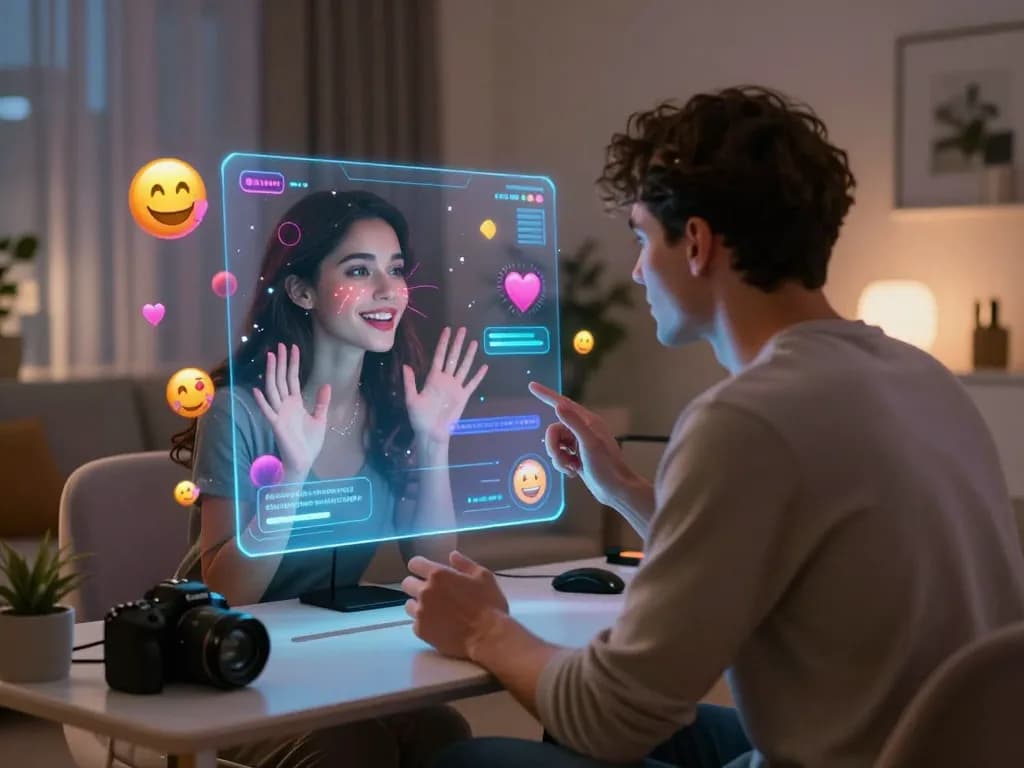 Engaging ai sex chat experience with a couple in a modern living room, highlighting emotional connection through technology.