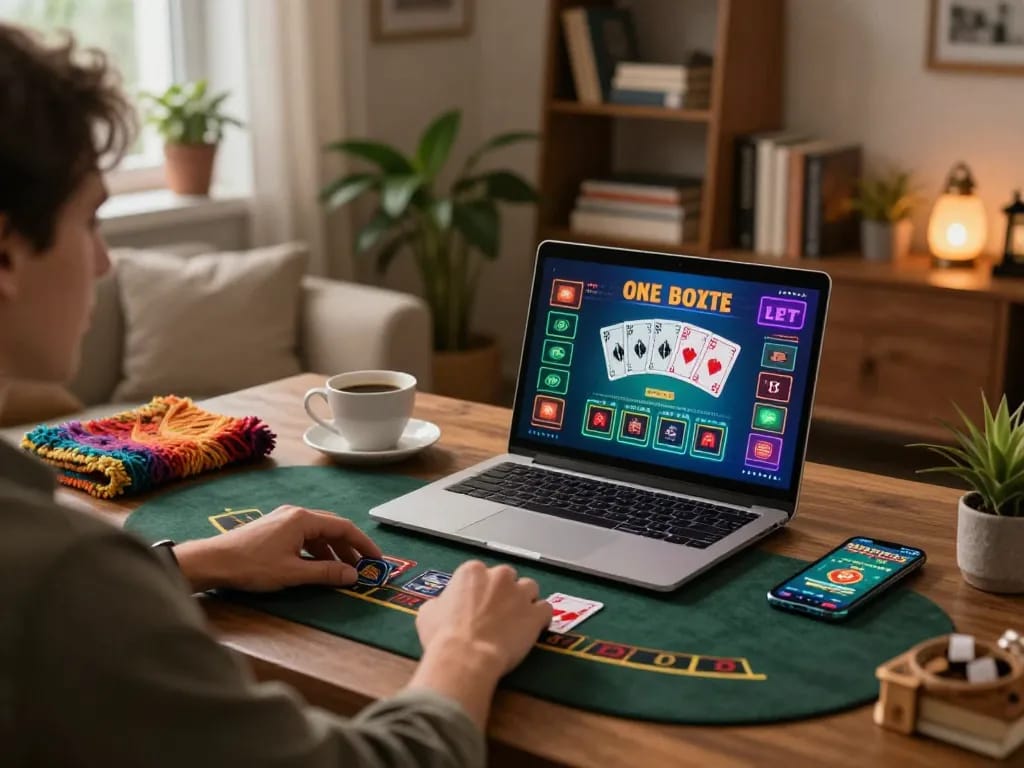 Engaging in live dealer blackjack at home, vu88 online casino gaming setup with laptop and smartphone.