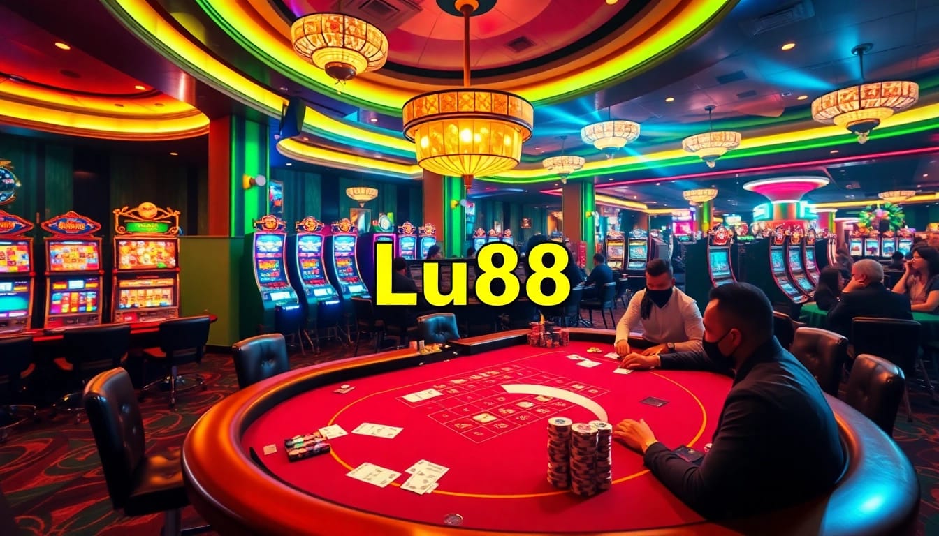 Experience the excitement of Lu88 with rich casino visuals featuring poker games and vibrant slot machines.