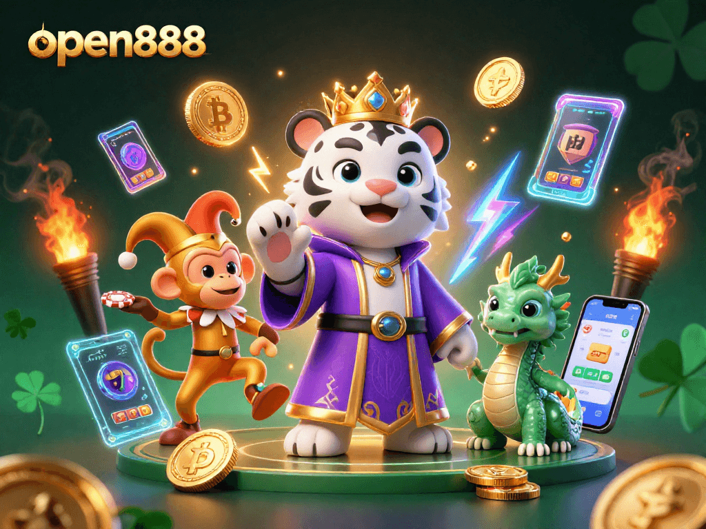Experience open888's dynamic casino atmosphere with a vibrant 3D scene featuring a white tiger, monkey, and dragon.