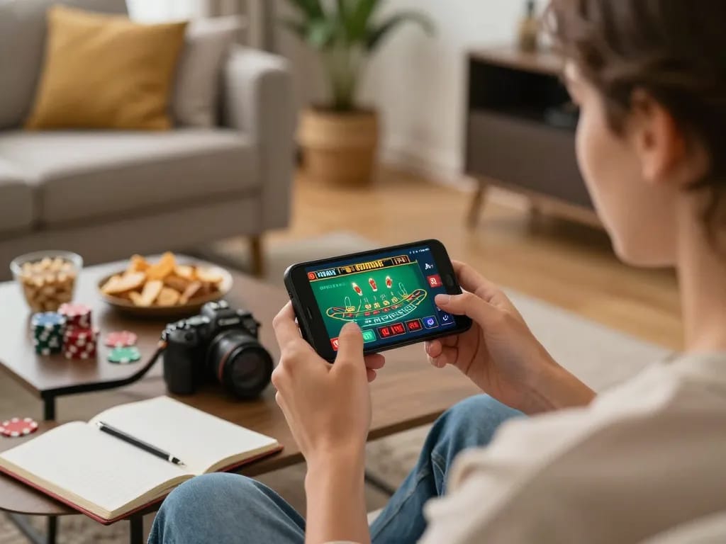 LC88 player enjoying a live dealer blackjack game on their smartphone in a cozy home setting