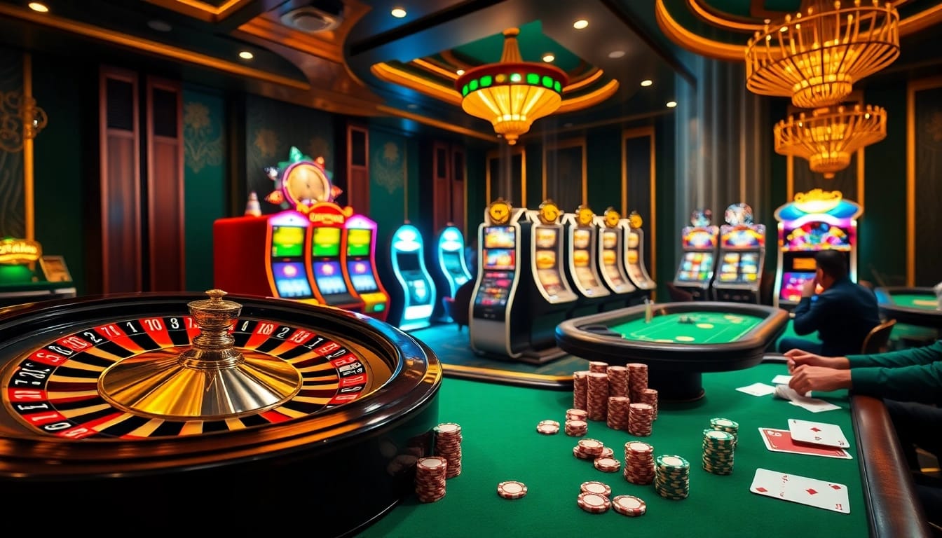 Dynamic online gambling scene at nhà cái sky88 featuring roulette, slot machines, and engaged players.