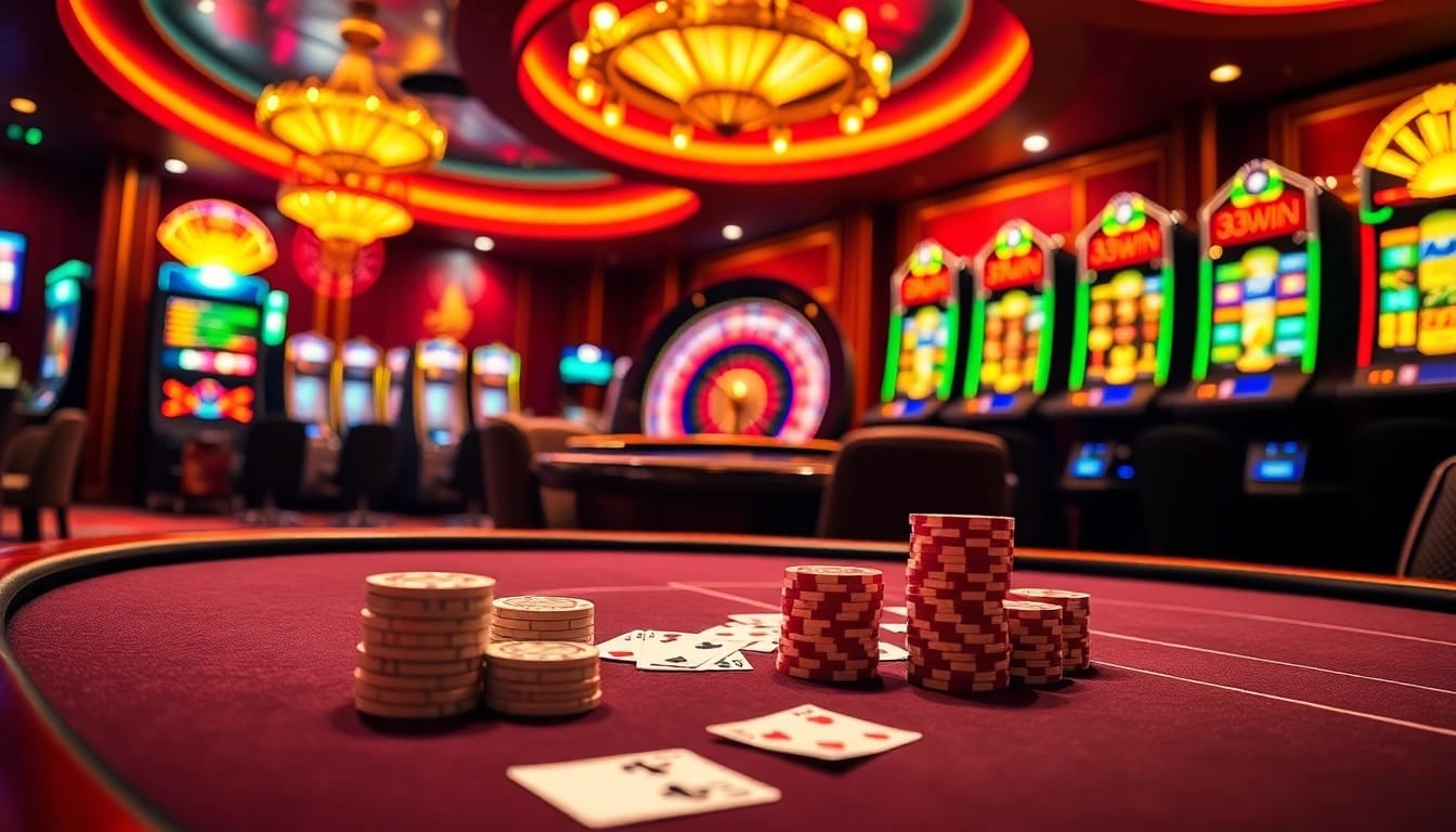 Experience the thrill of gambling with 32win at a luxurious poker table, complete with vibrant chips and cards.