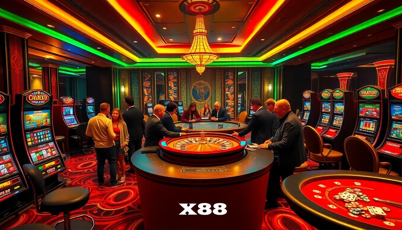 Exciting casino scene with players engaging over tables showcasing XX88.