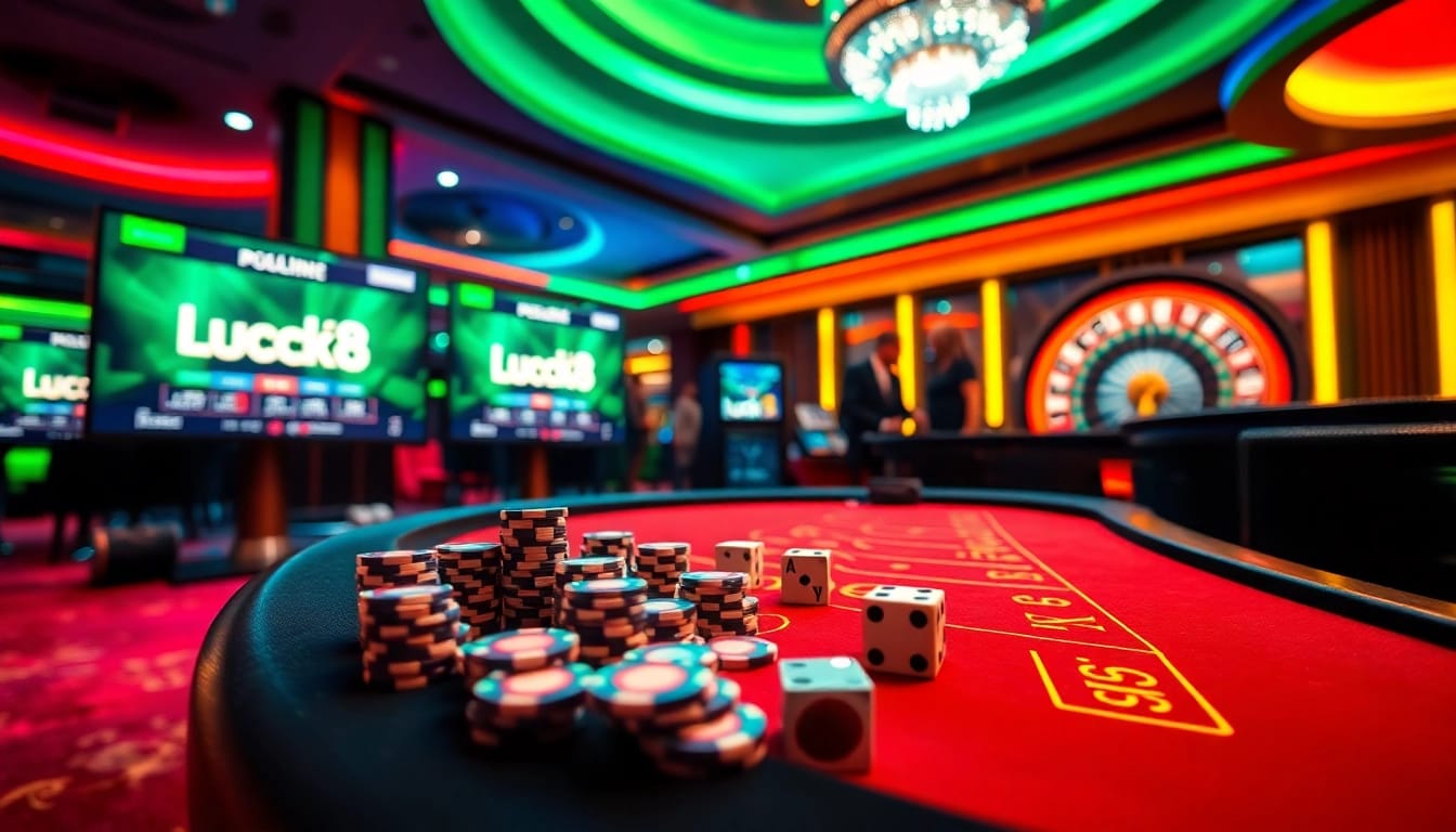 Experience LUCK8 with players rolling dice and engaging in high-stakes games at a luxurious casino table.