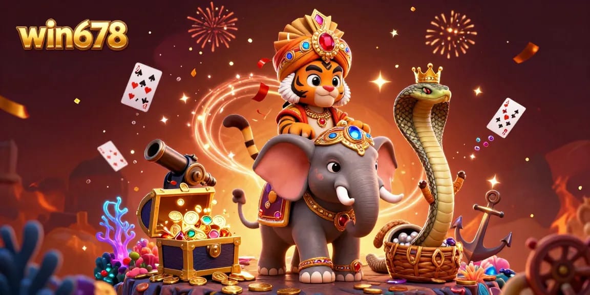 Play exciting games at win678 with a vibrant casino-themed illustration showcasing action-packed gaming elements.