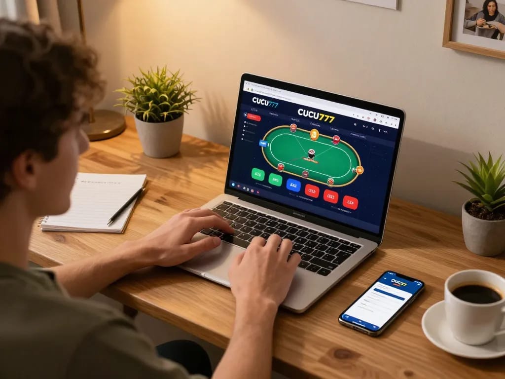 Experience engaging gameplay on CUCU777 with a user at a cozy home setup, showcasing an interactive poker game.