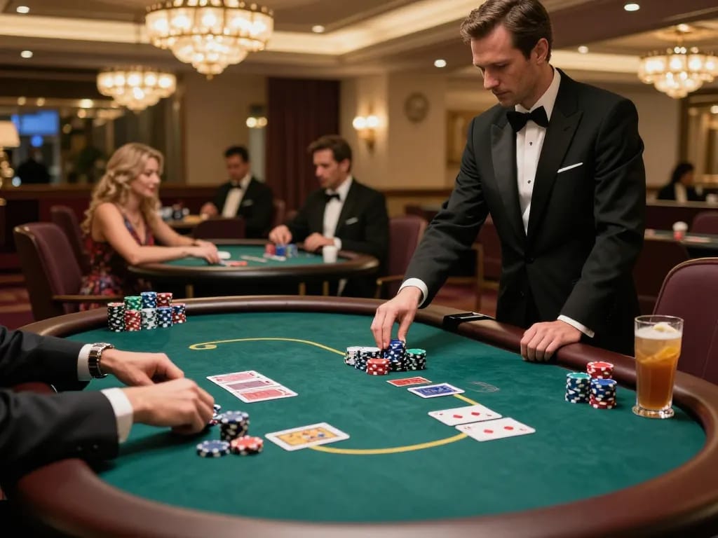 Engaged players at an upscale casino poker table in a stylish VIP area, showcasing a thrilling okking gaming experience.