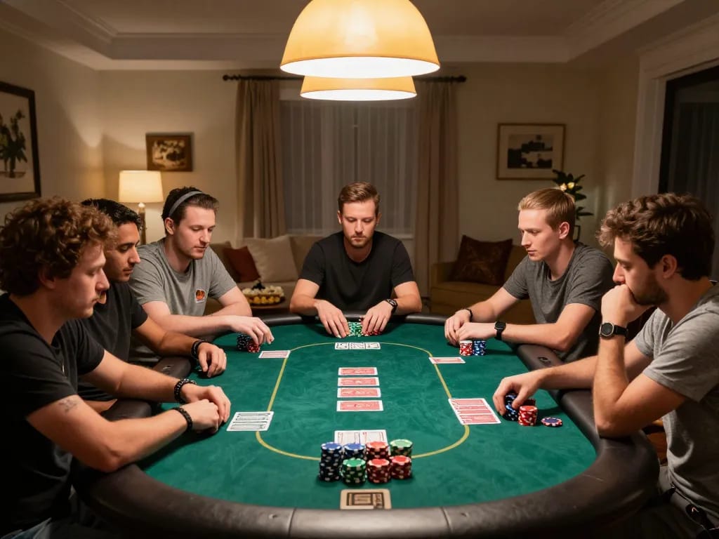 mb66 poker game night with friends, showcasing strategy and social interaction around a premium table