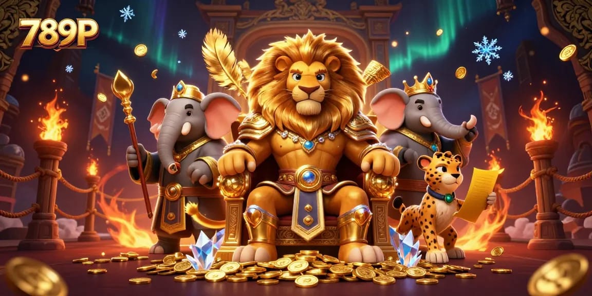 Experience the thrill of 789P with a lion king on his throne surrounded by gold, capturing online casino excitement.