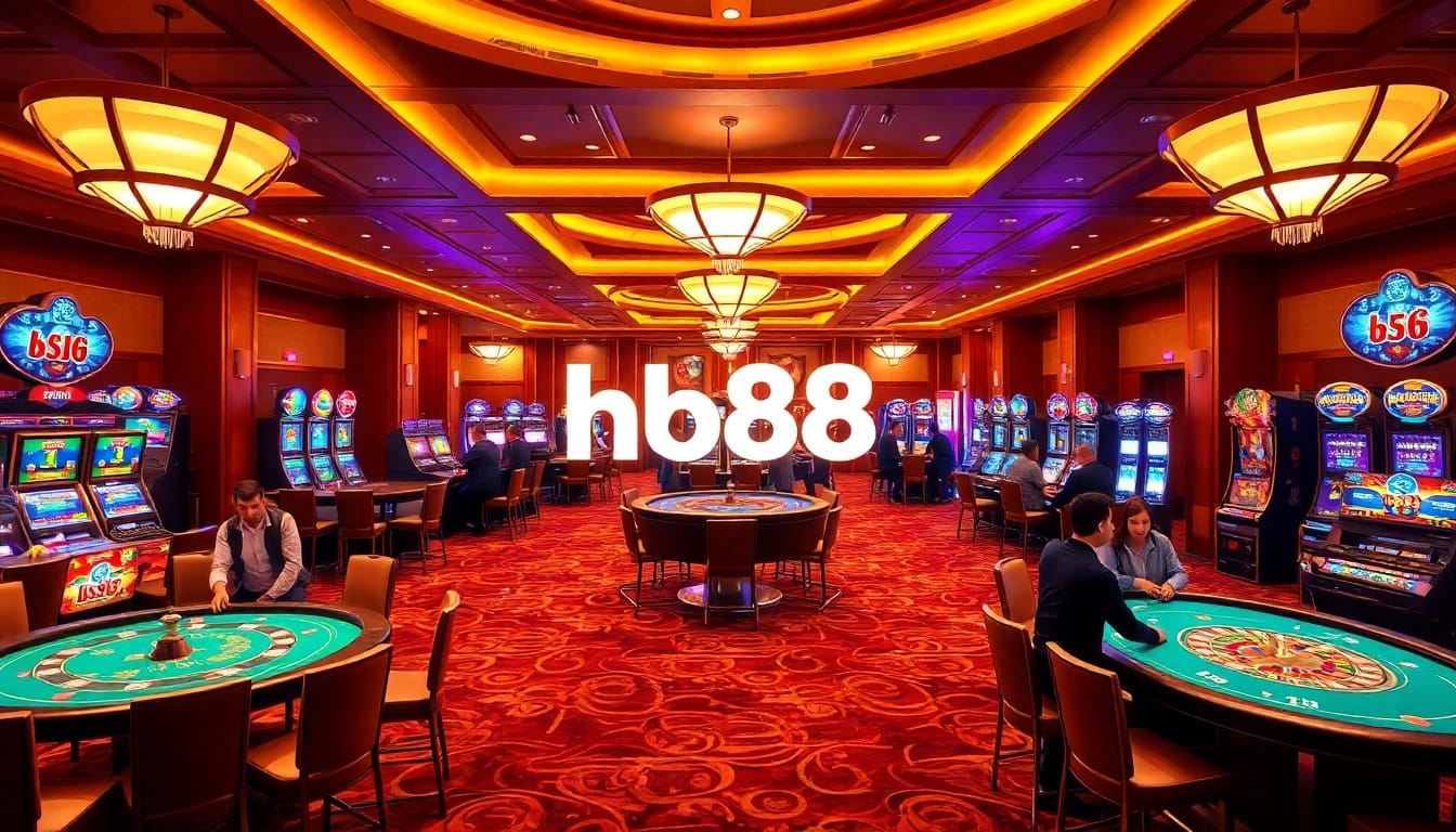 Players enjoying a vibrant casino atmosphere at hb88 with poker tables and slot machines.