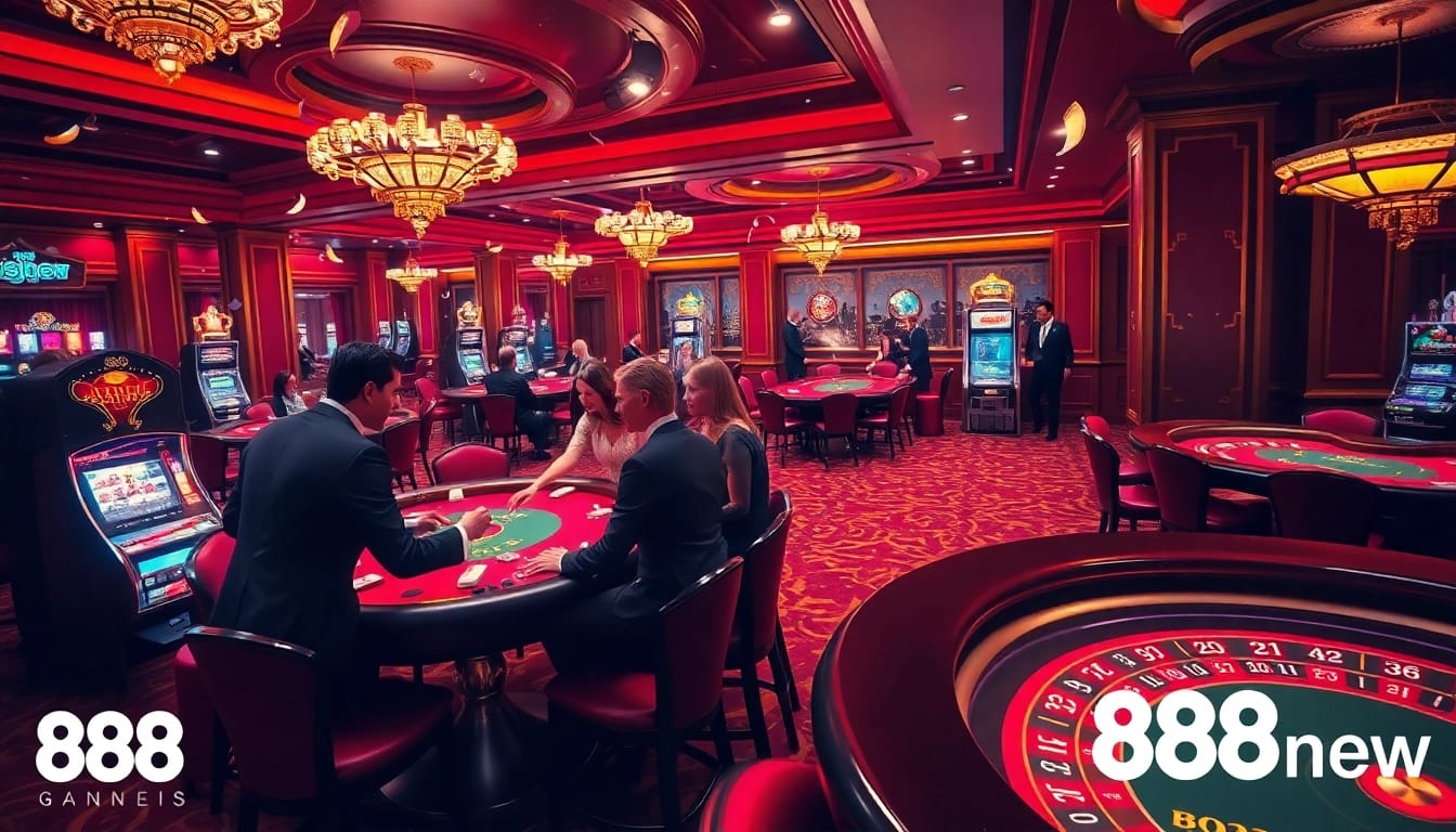 Experience the thrilling atmosphere of 888new casino with vibrant gaming tables and players engaged in action.