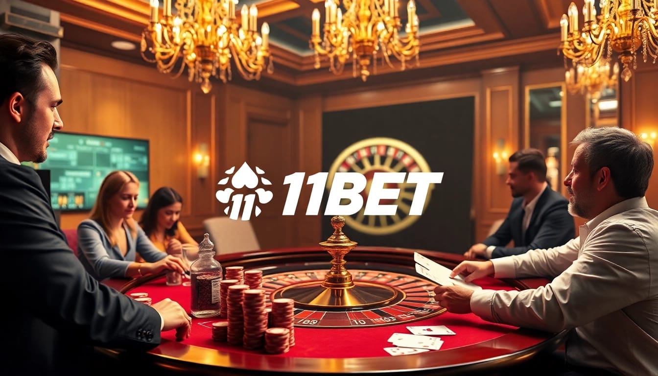 Experience the thrill of betting at 11Bet with luxurious casino elements like chips, cards, and roulette tables.
