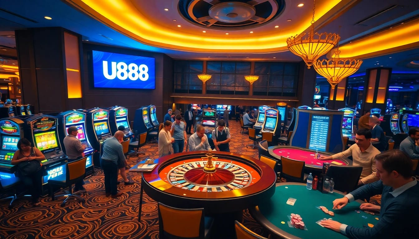 Engaging scene showcasing U888 casino atmosphere with players at roulette and poker tables.