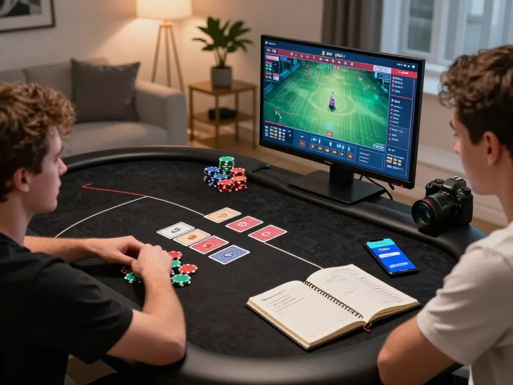 Engaging player strategizing with DU88 app during an online poker session at home.