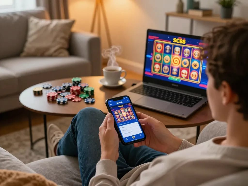 Engaging in the SC88 Game on a smartphone while relaxing at home, highlighting the vibrant gaming experience.