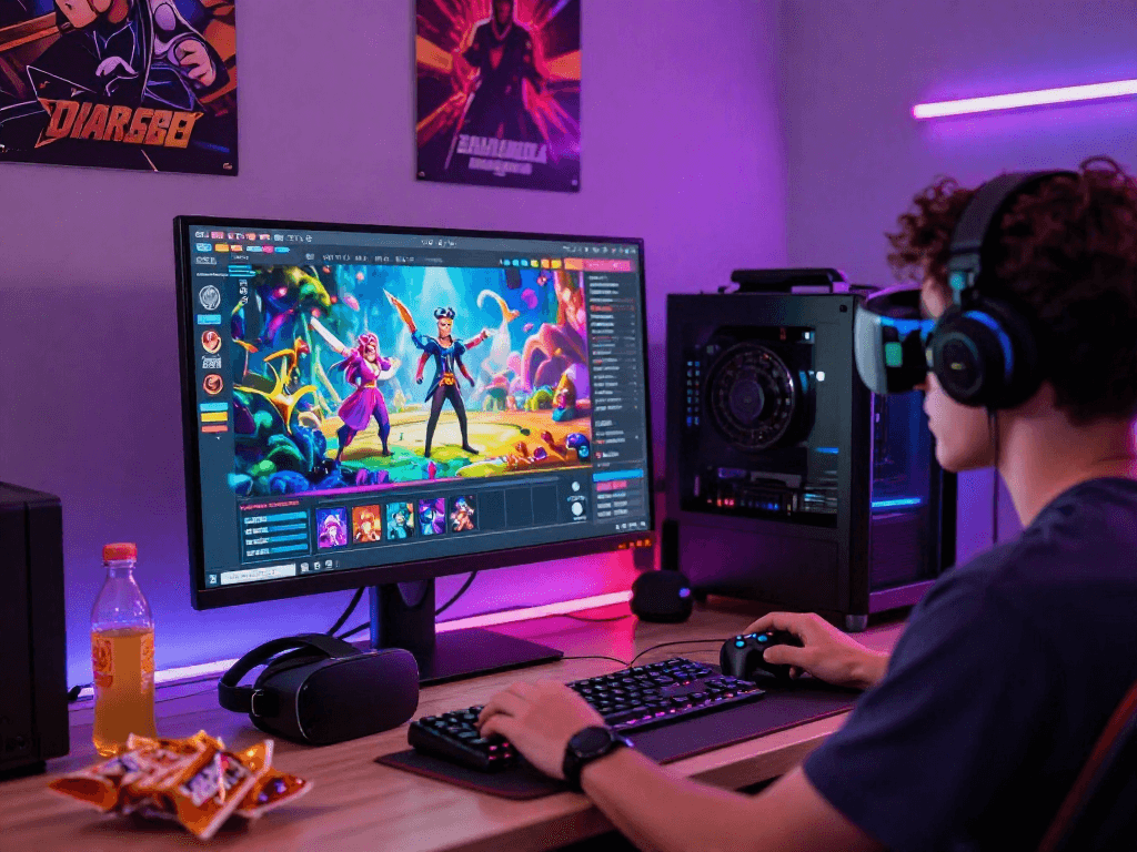 Engaging game sex experience in an interactive digital gaming environment with colorful characters and playful accessories.