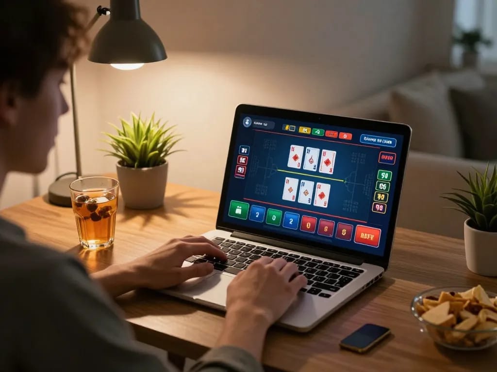 KUWIN player engaging with online casino game on a laptop in a cozy home office.