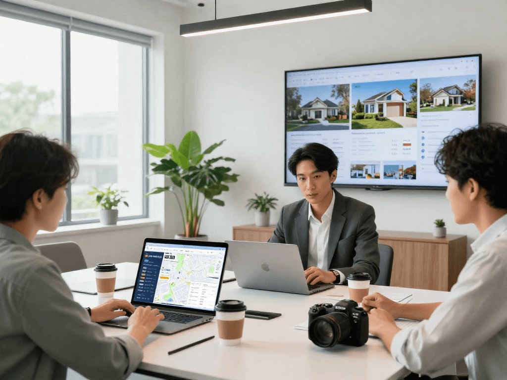 Real estate agent showcasing IDXSTAR listings in a modern office setting.