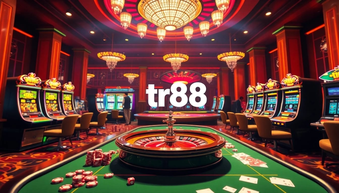 Experience the thrill of tr88 in a vibrant casino with poker tables, roulette wheels, and slot machines.