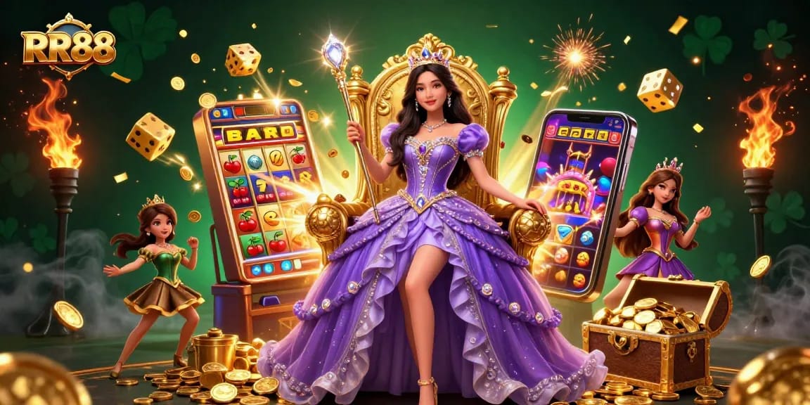 Experience jackpot thrills at RR88 with a stunning illustration of gaming elements and rewards.