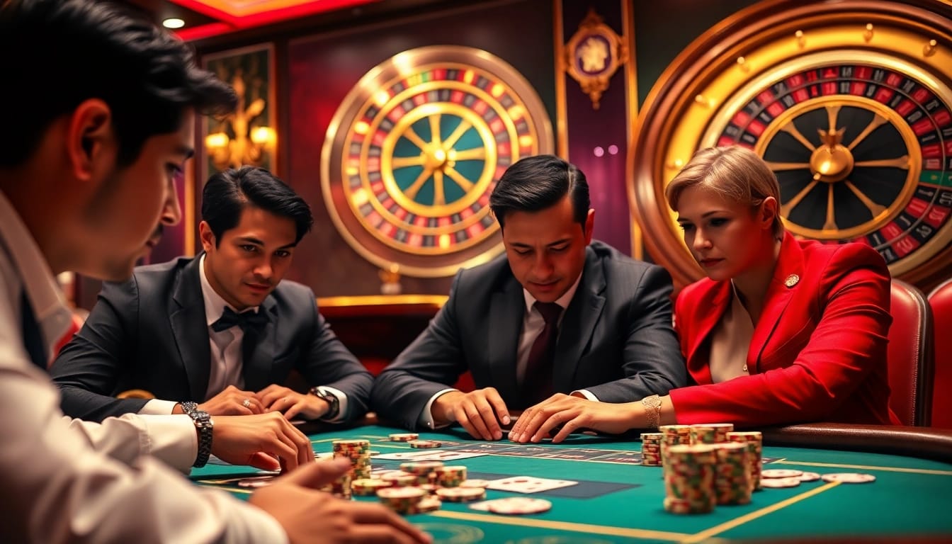 Players engaging in a high-stakes poker game at Daga, surrounded by luxurious casino visuals and vibrant atmosphere.