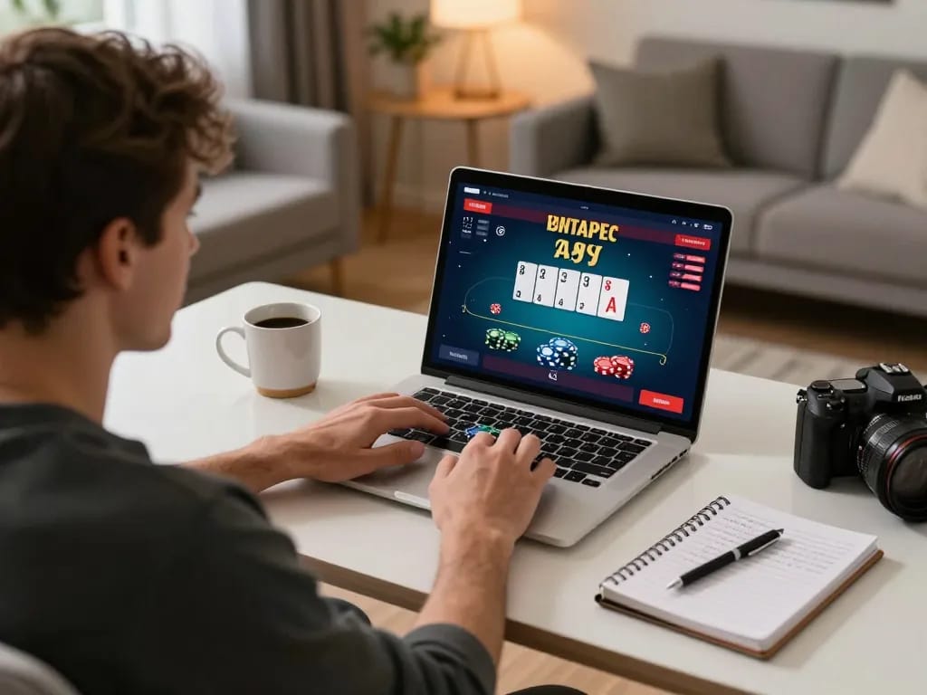 Player engaging in max88 poker game online at home, showcasing strategies and gameplay in a cozy environment.