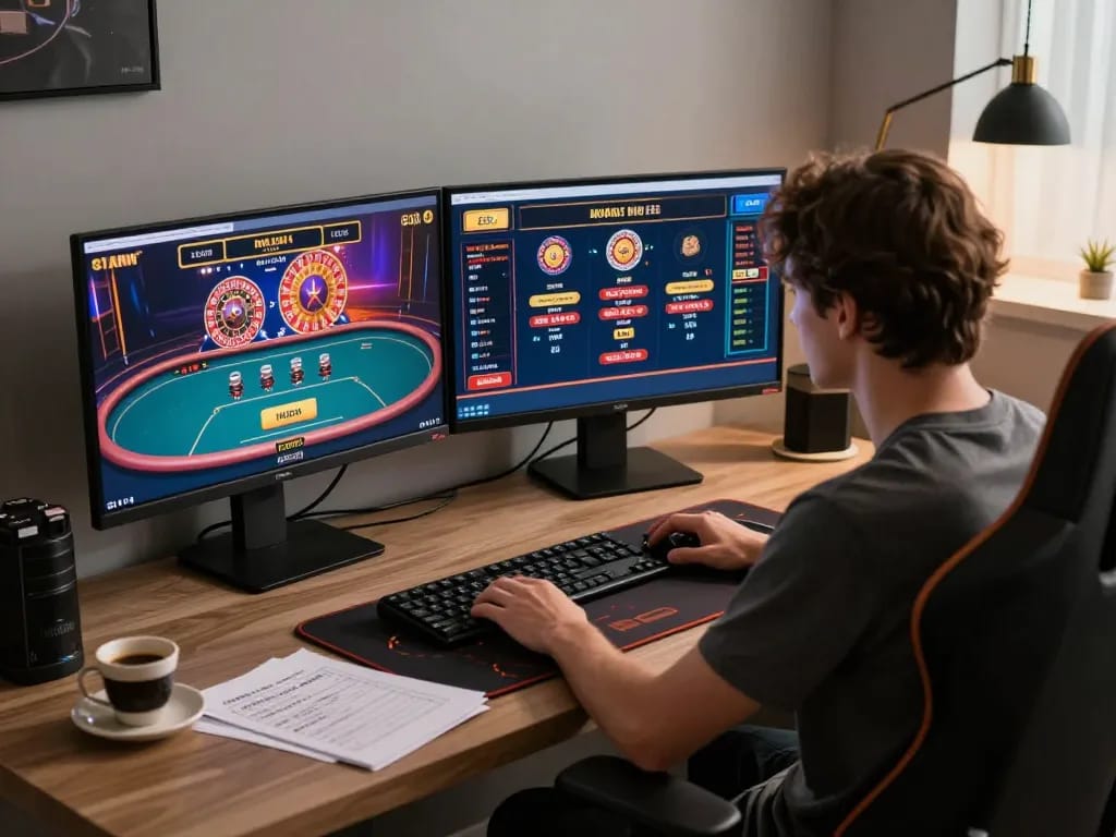 Engaging in online gaming at LV88, showcasing a strategic setup with multiple screens.