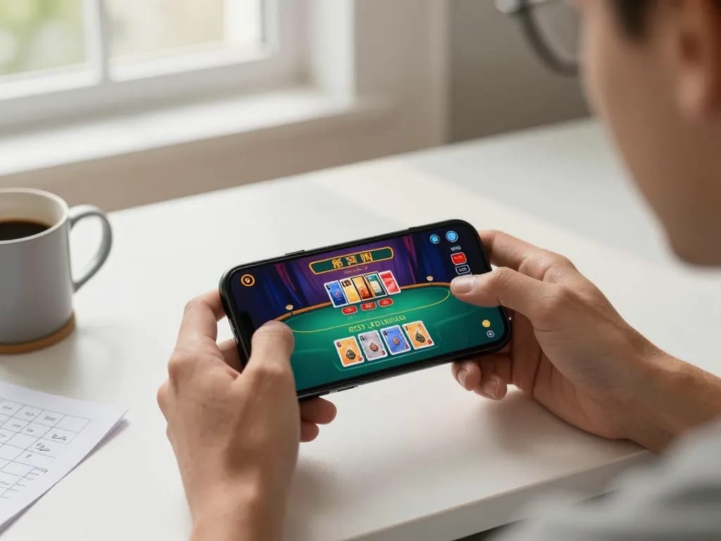 Player enjoying a mobile casino experience with pp9 win, displaying excitement in a cozy home setup.