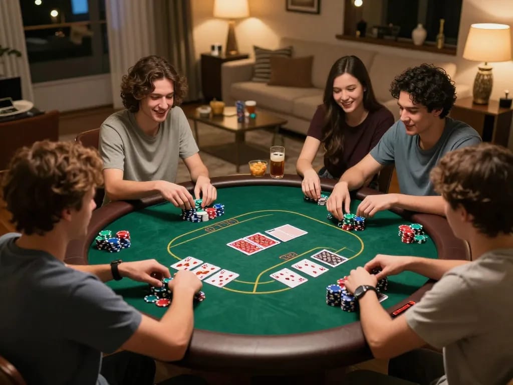 Friends having fun playing a competitive poker game at home, highlighting Lucky88 strategies in a relaxed setting.
