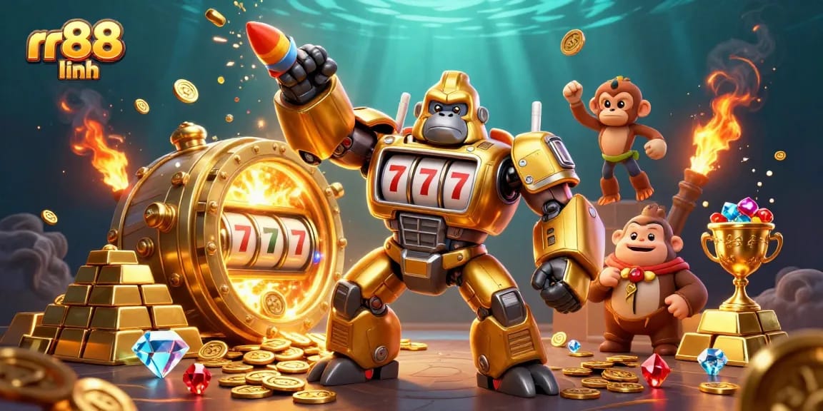 Experience thrilling gaming adventures with rr88 linh’s vibrant jackpot scene featuring a golden gorilla mech.