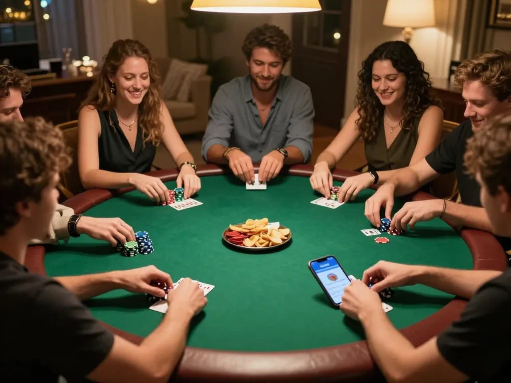 Players enjoying a friendly poker night while using the 33win app for live betting.