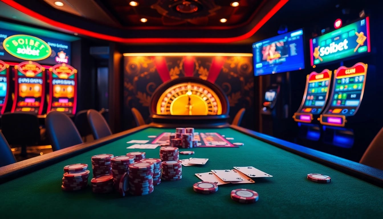 Experience the excitement of soibet with vibrant casino gaming elements like poker chips and slot machines.