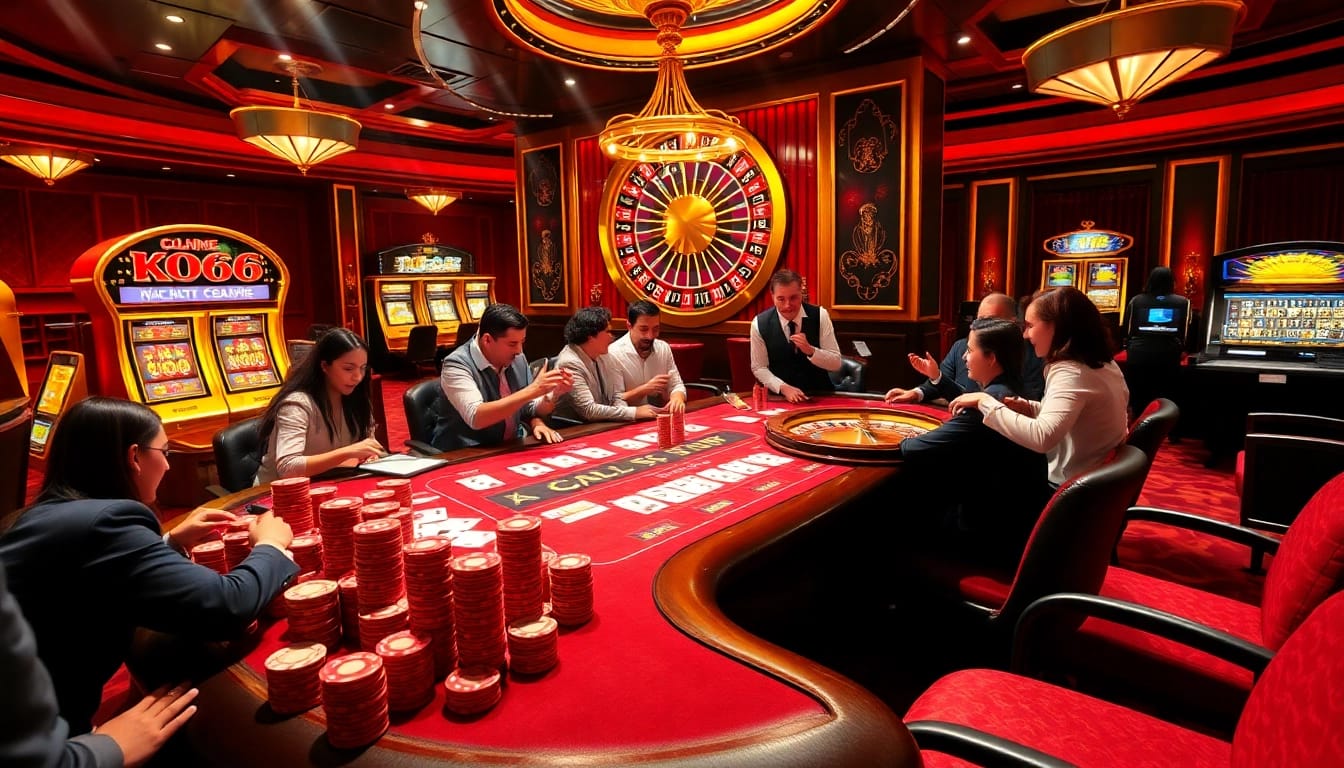 Exciting gambling scene at https://ko66.fish/ showcasing poker tables, chips, and jackpot slots.