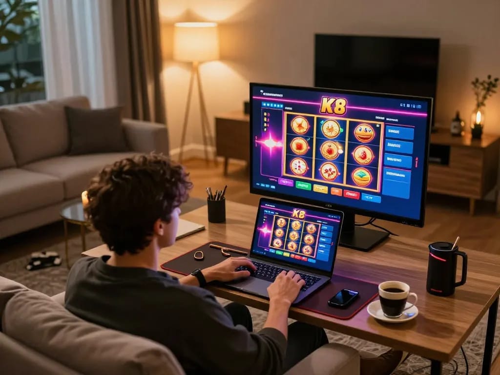 K8 player enjoying online slots in a cozy home setup, showcasing strategic gaming elements.