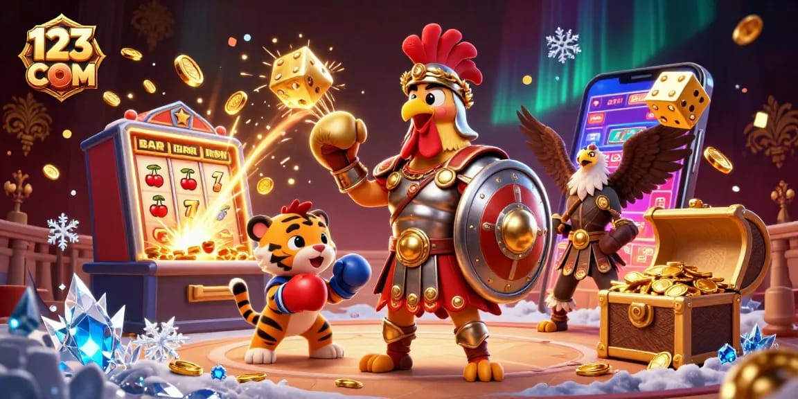 Engage in thrilling gameplay with 123 COM as a gladiator rooster and tiger cub surround slots and jackpots.