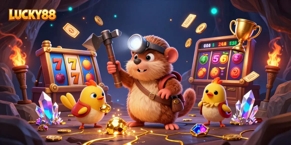 LUCKY88 slot game illustration showcasing a treasure hunter mole and exciting gaming elements.