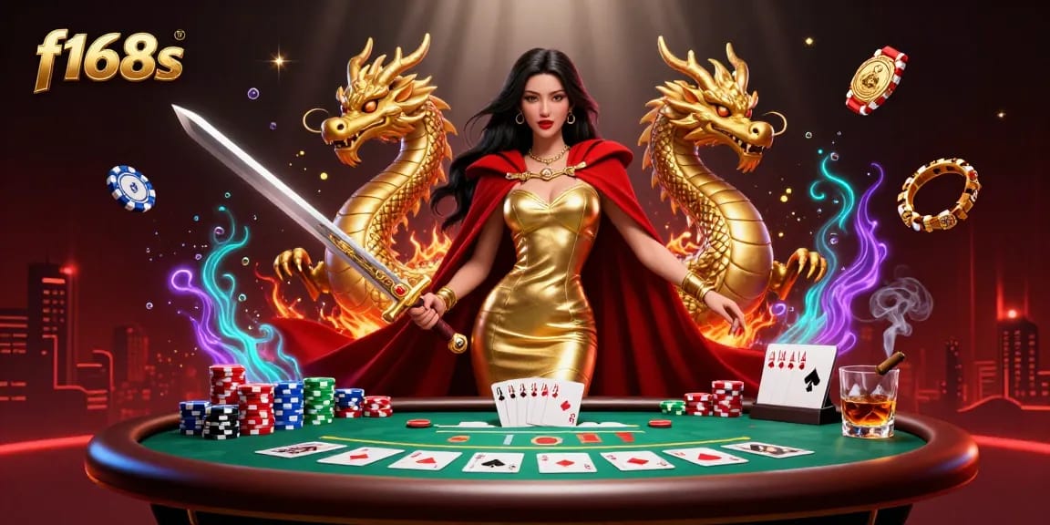 Experience vibrant gaming action in f168s with an exquisite illustration of a warrior queen and a golden dragon.