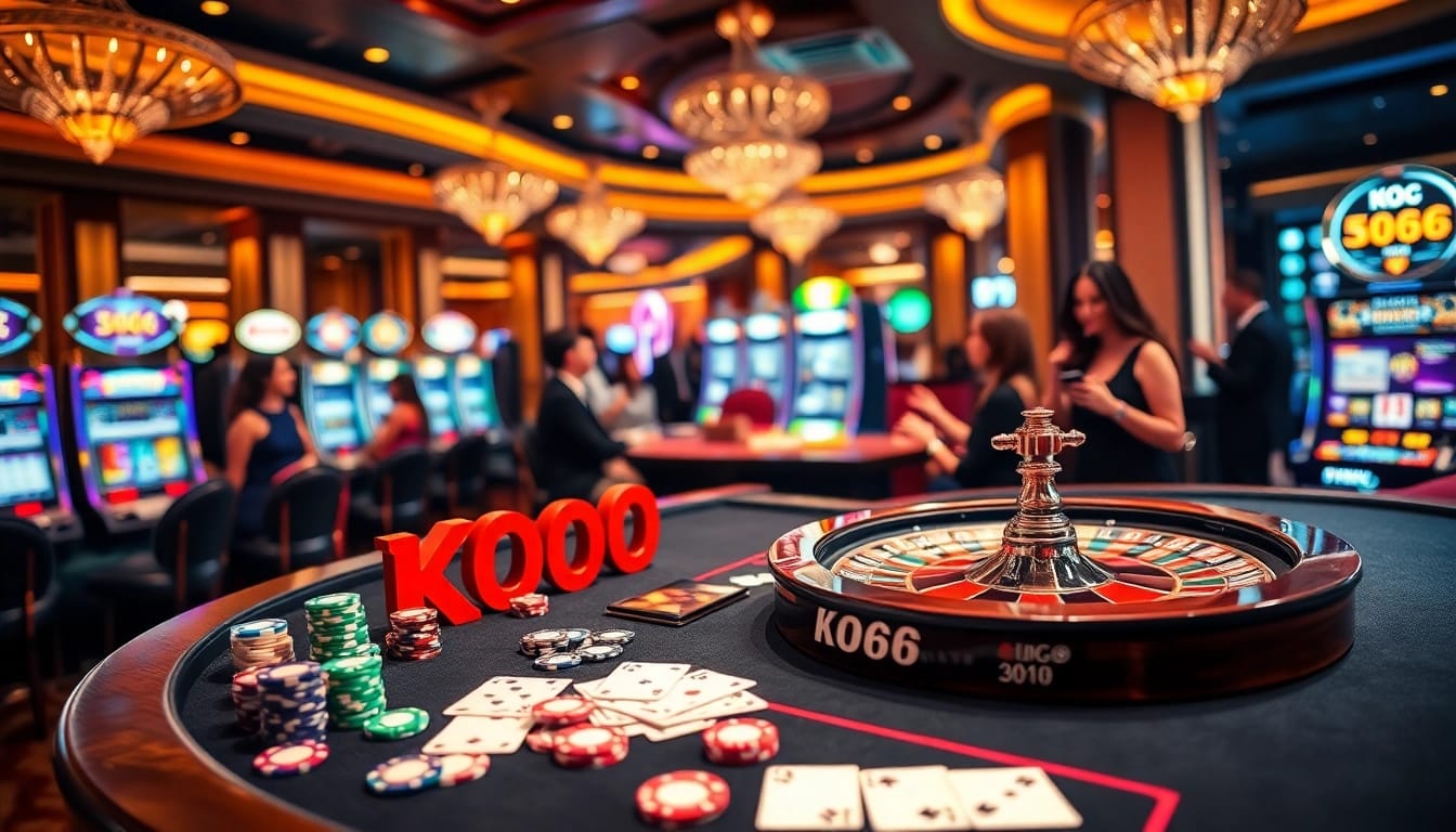 Trải nghiệm sự phấn khích của KO66 tại một bàn casino sôi động đầy các yếu tố cờ bạc sống động.