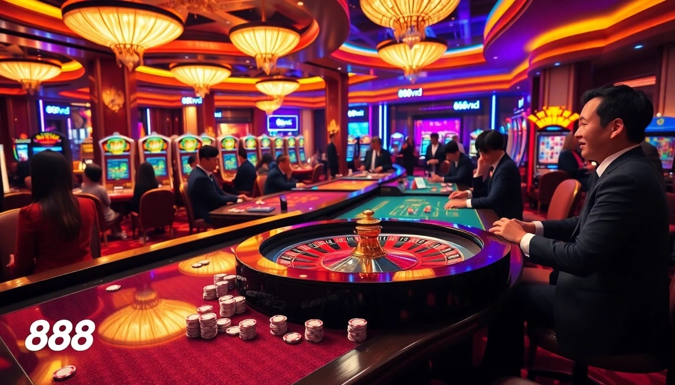 Excited gamblers enjoy thrilling games at 888VND casino tables with vibrant colors.