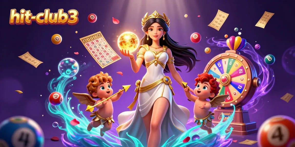 Hit-club3 enchanting scene showcases a casino goddess, lottery elements, and 3D cherubs.