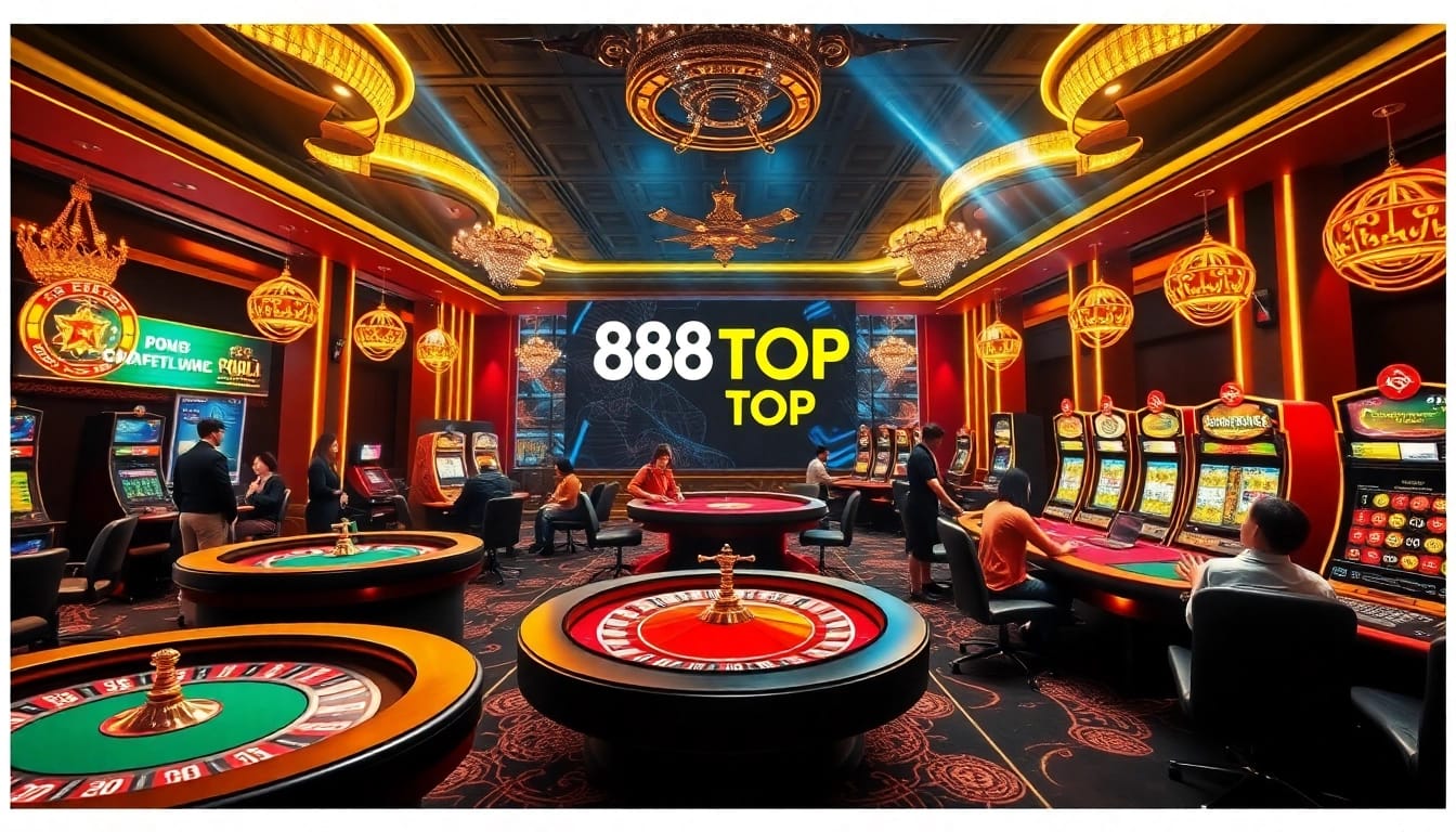 Exciting gaming atmosphere at 888TOP casino with lively players and vibrant gaming elements.
