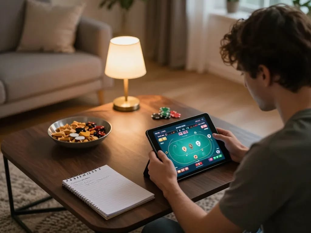 Engaging online poker game on tablet during cozy home session with 33WIN competitor strategy